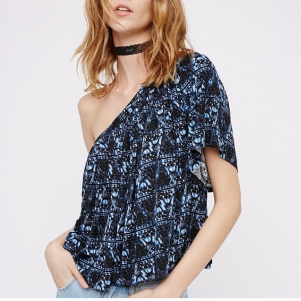 Free People Ocean Avenue One Shoulder Boho Blue Batik Print Top Size Small